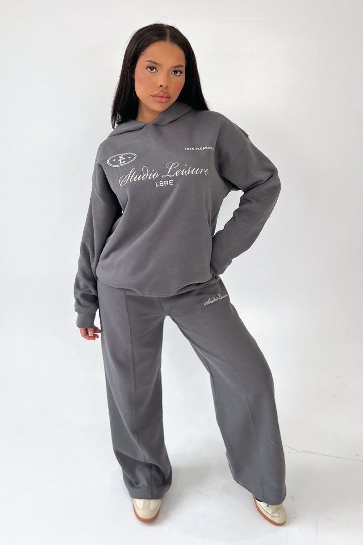 Studio Leisure steel grey cursive embroidered premium relaxed hoodie