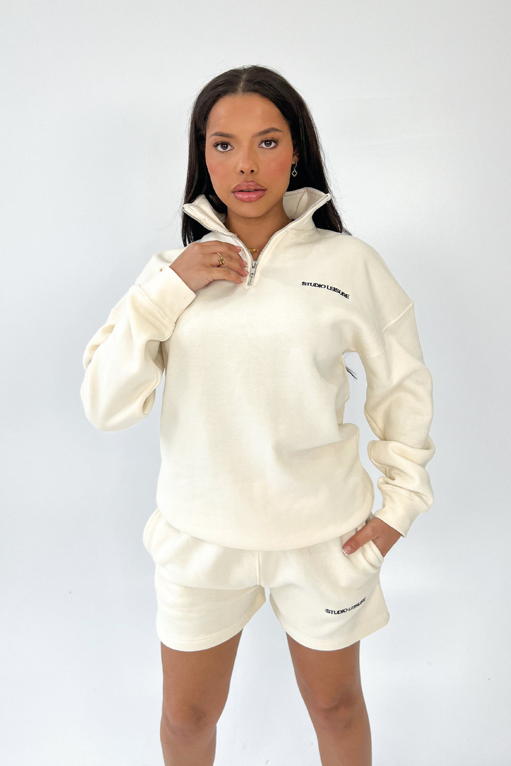 Studio Leisure essential ecru embroidered premium 3/4 zip sweater
