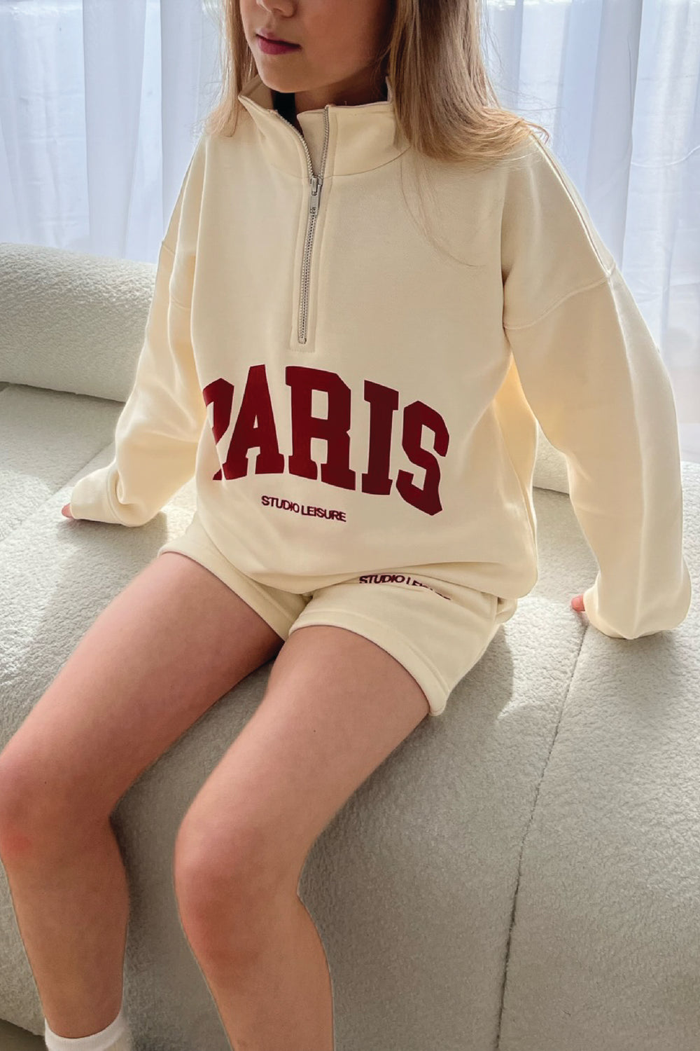 Mini Paris ecru printed 3/4 zip sweater