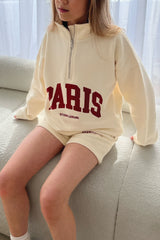 Mini Paris ecru printed 3/4 zip sweater