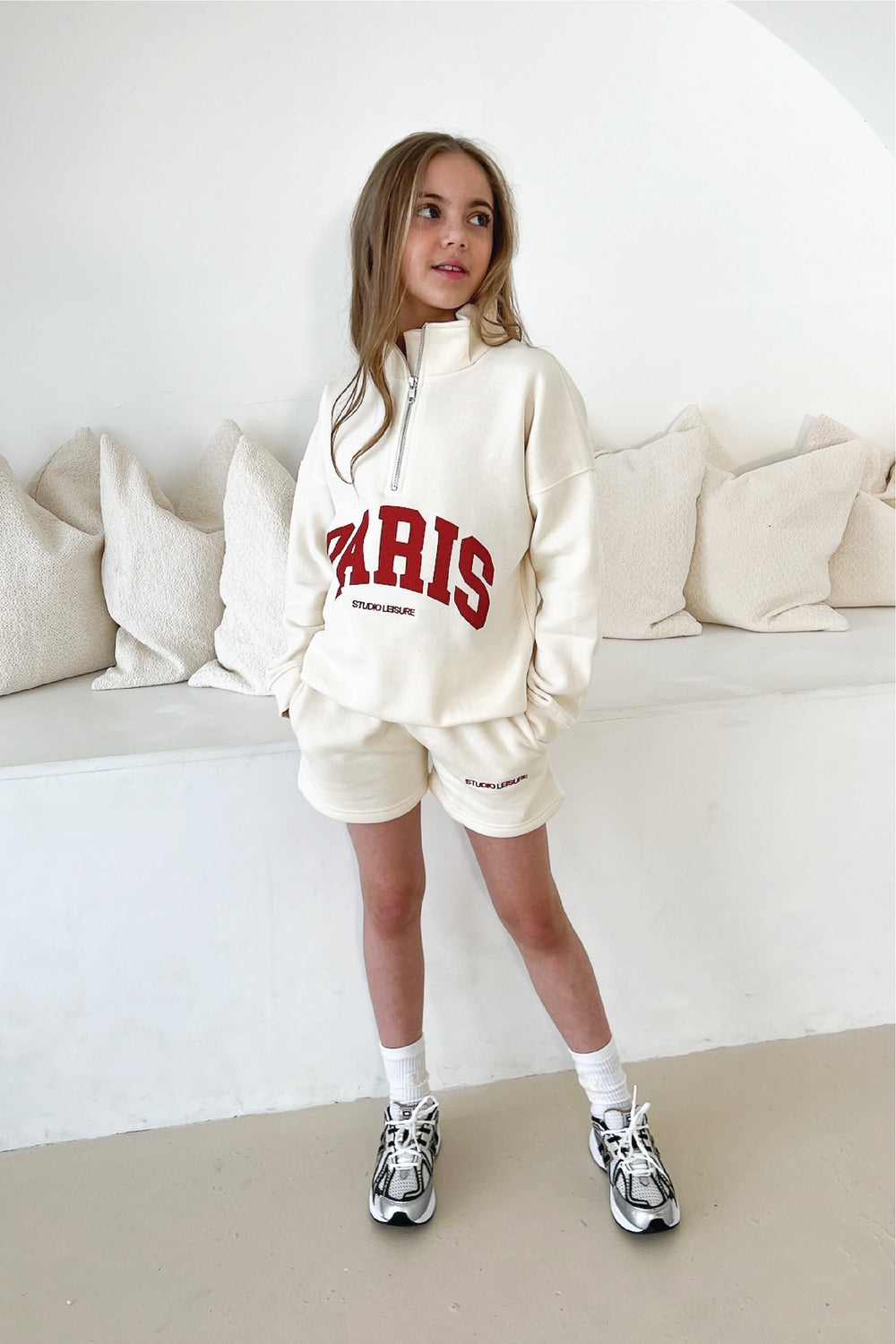 Mini Paris ecru printed 3/4 zip sweater