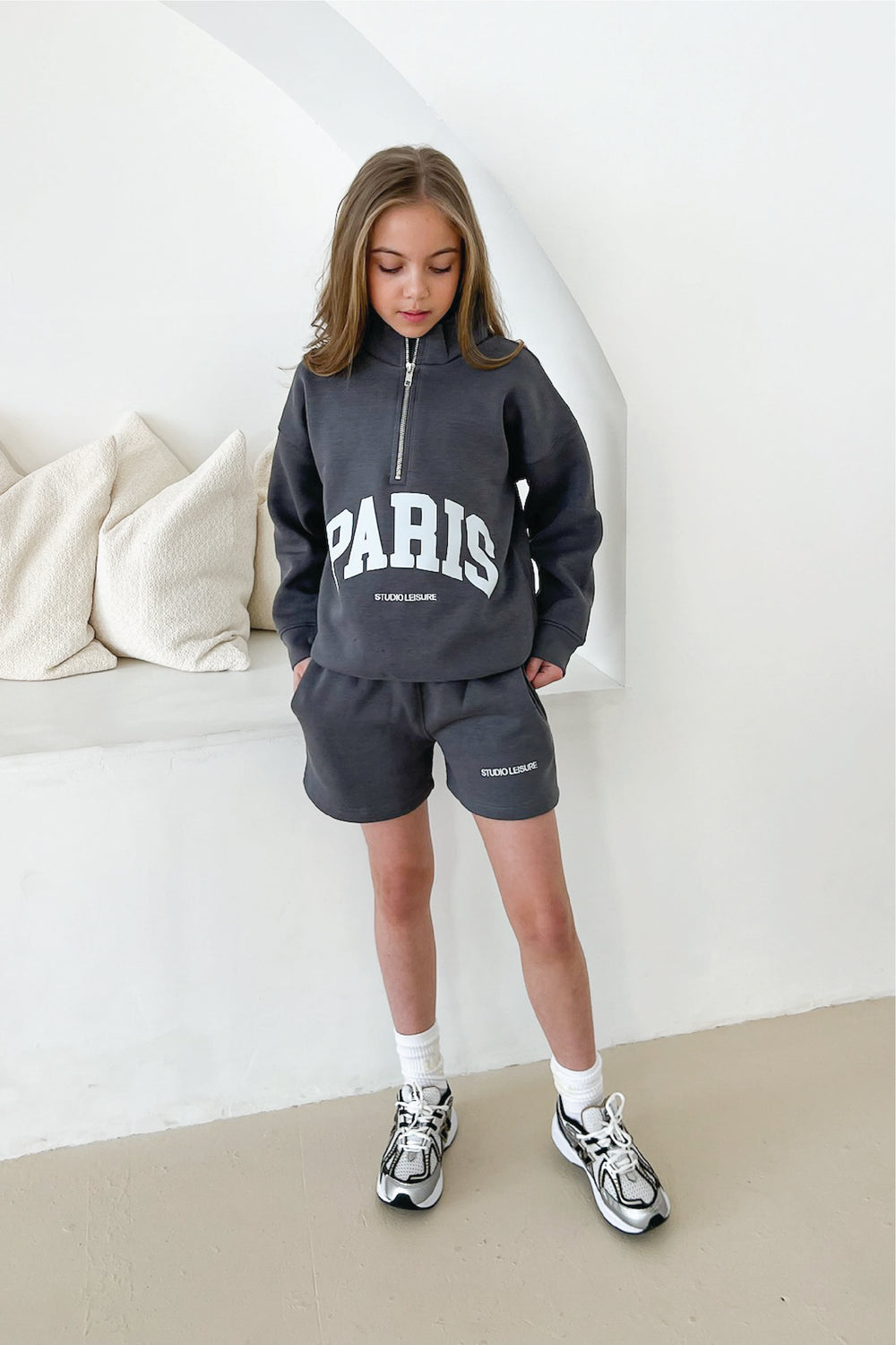 Mini Paris steel grey printed 3/4 zip sweater