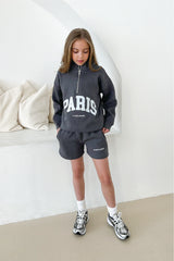 Mini Paris steel grey printed 3/4 zip sweater