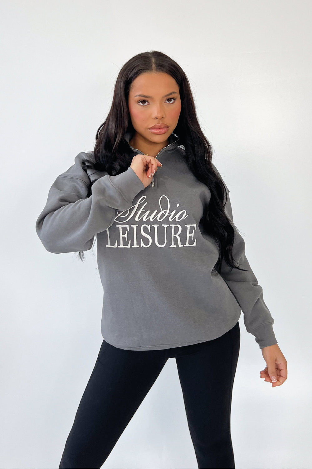 Studio Leisure steel grey embroidered premium 3/4 zip sweater