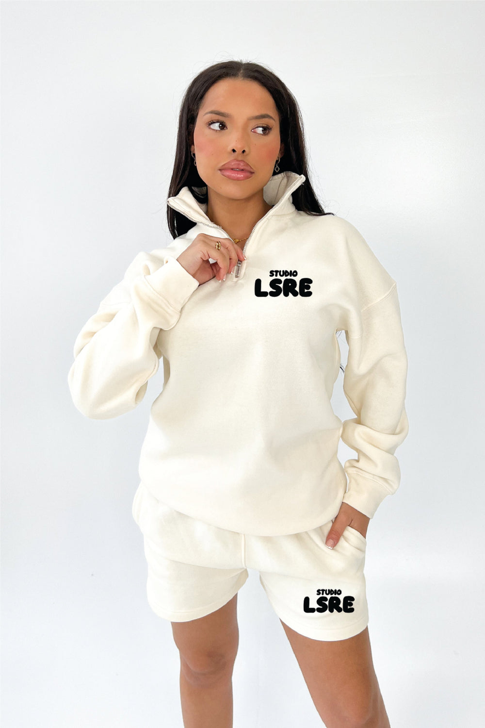 Studio Leisure bubble ecru printed premium 3/4 zip sweater