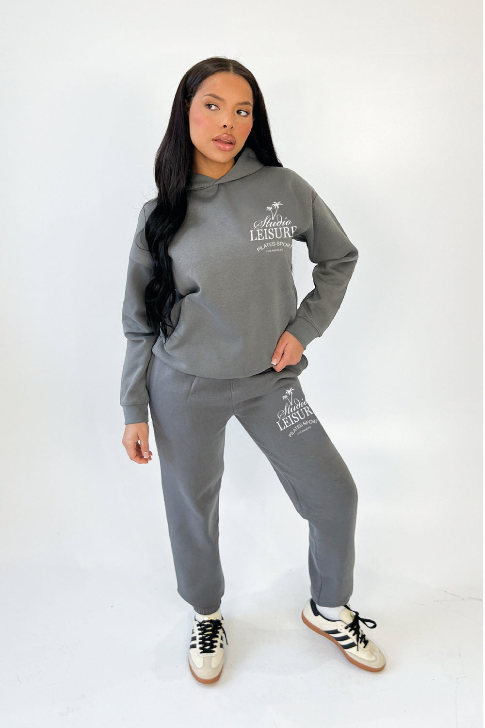 Studio Leisure palm tree steel grey embroidered premium relaxed hoodie