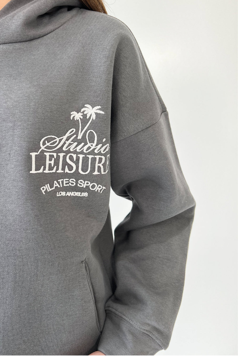 Studio Leisure palm tree steel grey embroidered premium relaxed hoodie