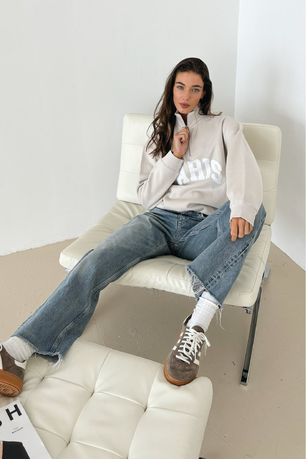 Studio leisure Paris bone embroidered premium 3/4 zip sweater