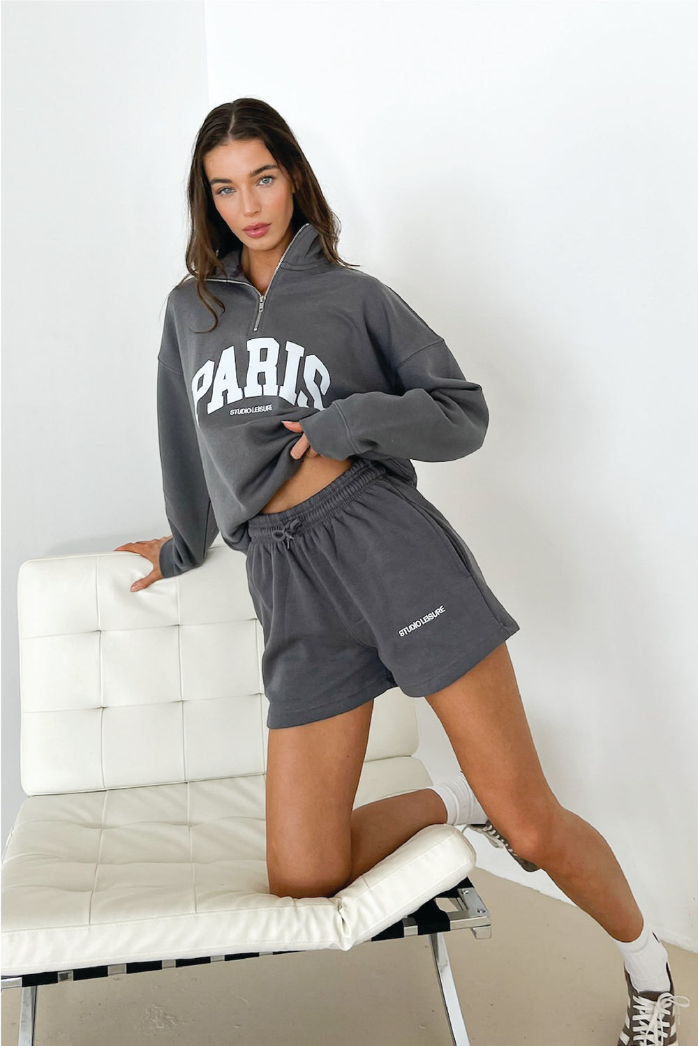 Studio leisure Paris steel grey embroidered premium 3/4 zip sweater