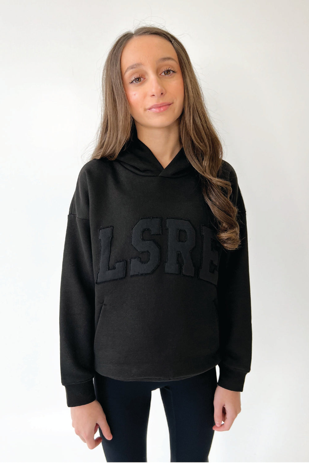 Mini studio LSRE black embroidered applique hoodie