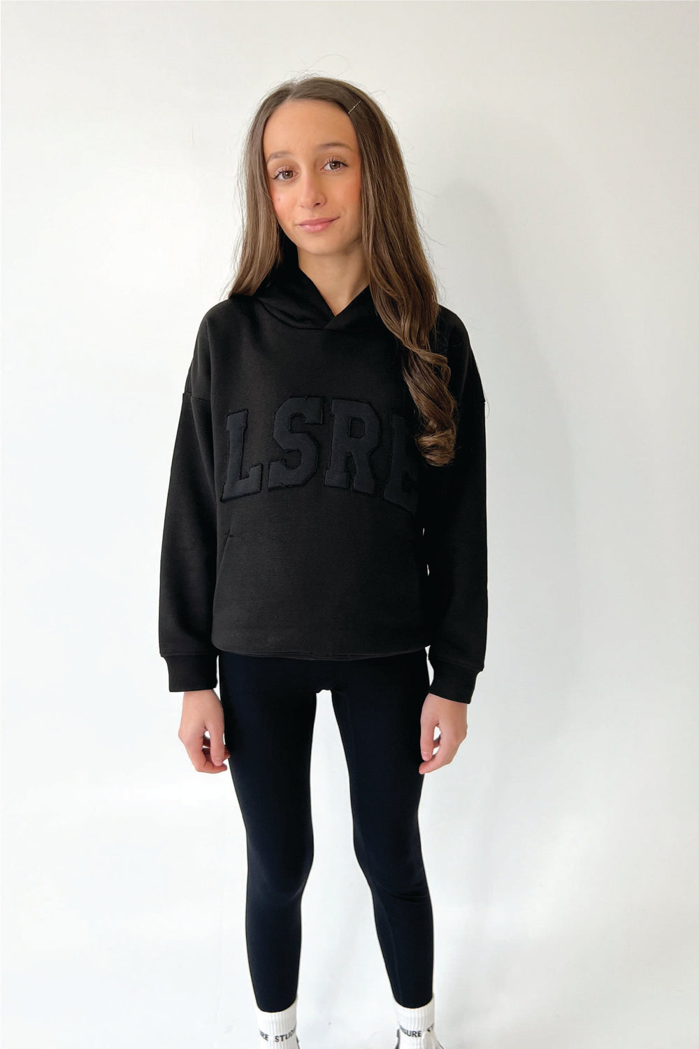 Mini studio LSRE black embroidered applique hoodie